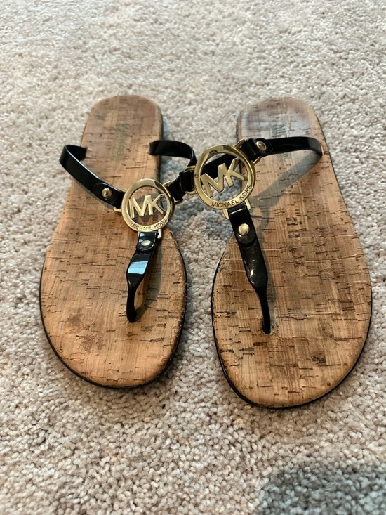 Michael Kors Shoes - Michael Kors Black Patent Thong Sandals with Gold MK Medallions